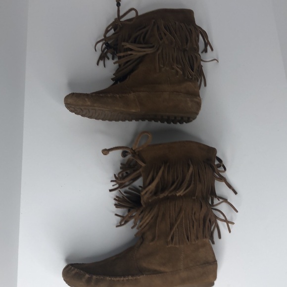 Minnetonka Brown Suede Leather Double Fringe Slide-on Moccasins Ankle Boots - Picture 4 of 10